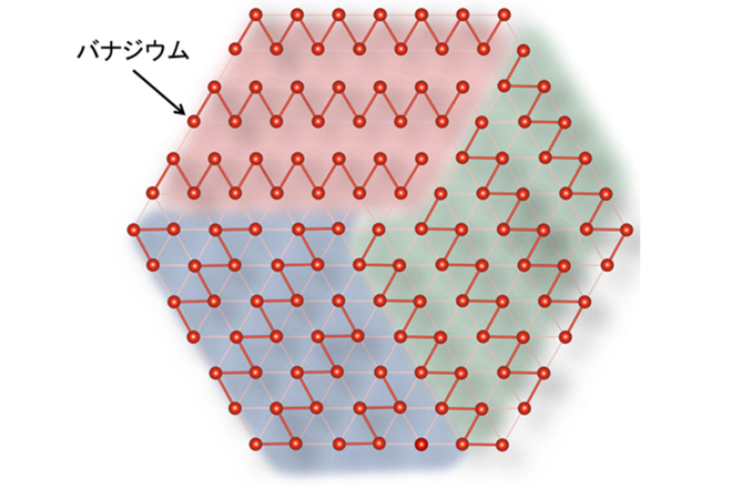 図2 高温で現れる様々な方向に延びたバナジウムのジグザグ鎖。青、赤、緑で表した下地の色は、同じ方向を向いたジグザグ鎖の領域を示している